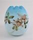 Egg Shape Rose Bowl Cased Blue Satin Art Glass, Hp Pink Flowers Victorian