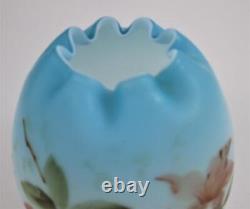 EGG shape ROSE BOWL Cased BLUE Satin Art Glass, HP PINK Flowers Victorian