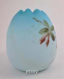 EGG shape ROSE BOWL Cased BLUE Satin Art Glass, HP PINK Flowers Victorian