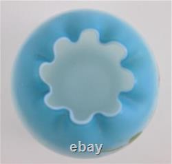 EGG shape ROSE BOWL Cased BLUE Satin Art Glass, HP PINK Flowers Victorian