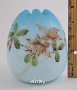 EGG shape ROSE BOWL Cased BLUE Satin Art Glass, HP PINK Flowers Victorian