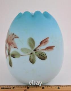 EGG shape ROSE BOWL Cased BLUE Satin Art Glass, HP PINK Flowers Victorian