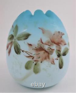 EGG shape ROSE BOWL Cased BLUE Satin Art Glass, HP PINK Flowers Victorian