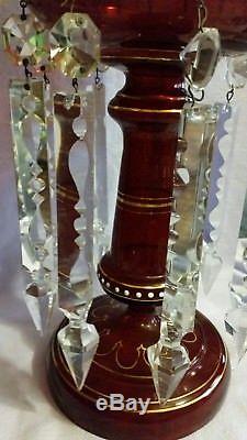 ELEGANT SIGNED ANTIQUE MOSER BOHEMIAN RUBY LG MANTLE LUSTER With GOTHIC PRISMS