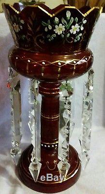 ELEGANT SIGNED ANTIQUE MOSER BOHEMIAN RUBY LG MANTLE LUSTER With GOTHIC PRISMS