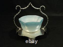 ENGLISH BLUE HERRINGBONE M-O-P SATIN GLASS SMALL BRIDE'S BASKET, c. 1880