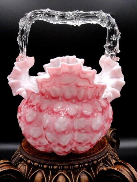 Exc 1893 Harrach Victorian Bohemian Pink Honeycomb Art Glass Basket Thorn Handle