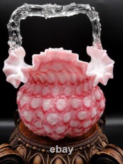 EXC 1893 Harrach Victorian Bohemian Pink Honeycomb Art Glass Basket Thorn Handle EXC 1893 Harrach Victorian Bohemian Pink Honeycomb Art Glass Basket Thorn Handle