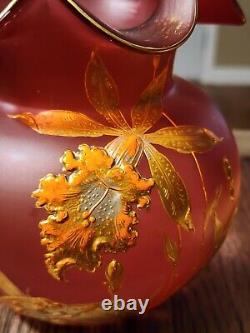 EXCEPTIONAL ANTIQUE LEGRAS CRANBERRY VASE With ENAMELED DAFFODIL JONQUIL EX COND