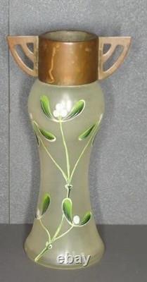 Early 1900s Art Nouveau Collared Bohemian Hand Painted Glass 9 Inch Vase