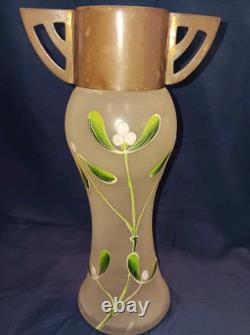 Early 1900s Art Nouveau Collared Bohemian Hand Painted Glass 9 Inch Vase