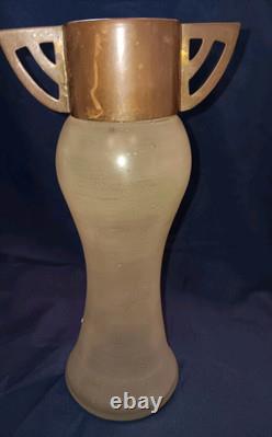 Early 1900s Art Nouveau Collared Bohemian Hand Painted Glass 9 Inch Vase