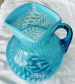 Early Beaumont Glass Blue Opalescent Fern Feather Victorian Jug Water Pitcher