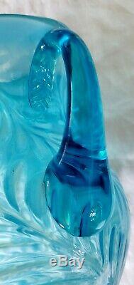 Early Beaumont Glass Blue Opalescent Fern Feather Victorian Jug Water Pitcher