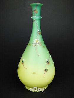 Early Loetz green spreading yellow glass vase enamel flowers blossom Victorian