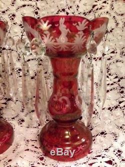 Egermann Glass Ruby Red Mantle Lustres Prism Victorian