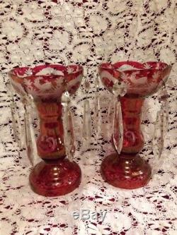 Egermann Glass Ruby Red Mantle Lustres Prism Victorian