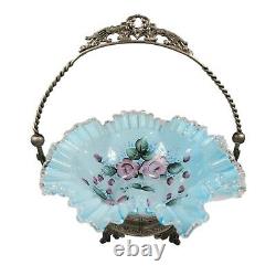 Elegant VICTORIAN Blue Silver Crest GLASS BRIDE'S BASKET Hand Painted Pink Roses