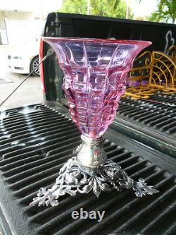 Elegant Victorian Cranberry Cut Glass Epergne W Silvered Bronze Base