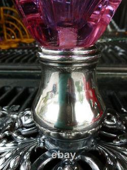 Elegant Victorian Cranberry Cut Glass Epergne W Silvered Bronze Base
