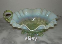 English Art Glass Vaseline Opalescent Handled Sweet Meat Nappy or Olive Dish