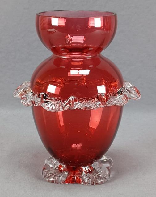 English Stourbridge Cranberry Victorian Art Glass Applied Clear Rigaree Vase