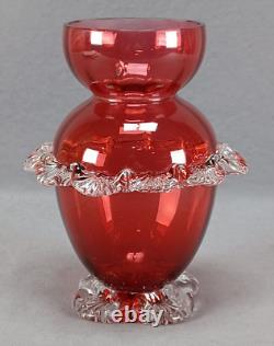 English Stourbridge Cranberry Victorian Art Glass Applied Clear Rigaree Vase