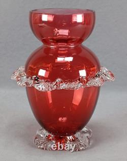 English Stourbridge Cranberry Victorian Art Glass Applied Clear Rigaree Vase English Stourbridge Cranberry Victorian Art Glass Applied Clear Rigaree Vase