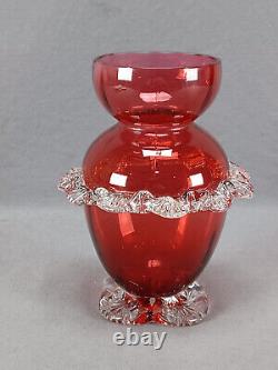 English Stourbridge Cranberry Victorian Art Glass Applied Clear Rigaree Vase