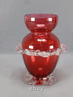 English Stourbridge Cranberry Victorian Art Glass Applied Clear Rigaree Vase English Stourbridge Cranberry Victorian Art Glass Applied Clear Rigaree Vase