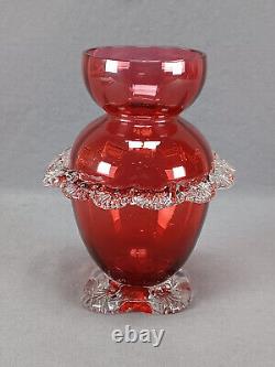 English Stourbridge Cranberry Victorian Art Glass Applied Clear Rigaree Vase