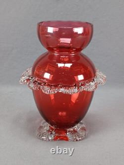 English Stourbridge Cranberry Victorian Art Glass Applied Clear Rigaree Vase English Stourbridge Cranberry Victorian Art Glass Applied Clear Rigaree Vase