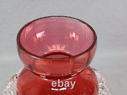 English Stourbridge Cranberry Victorian Art Glass Applied Clear Rigaree Vase