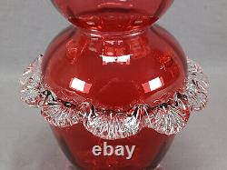 English Stourbridge Cranberry Victorian Art Glass Applied Clear Rigaree Vase