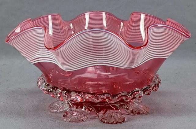English Stourbridge White Threaded Cranberry Victorian Art Glass Ruffled Bowl