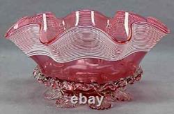 English Stourbridge White Threaded Cranberry Victorian Art Glass Ruffled Bowl