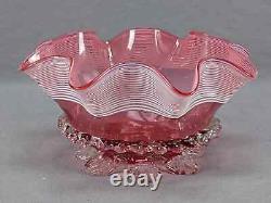 English Stourbridge White Threaded Cranberry Victorian Art Glass Ruffled Bowl