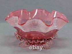 English Stourbridge White Threaded Cranberry Victorian Art Glass Ruffled Bowl English Stourbridge White Threaded Cranberry Victorian Art Glass Ruffled Bowl