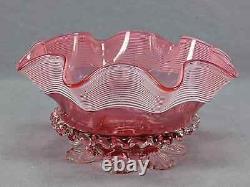 English Stourbridge White Threaded Cranberry Victorian Art Glass Ruffled Bowl