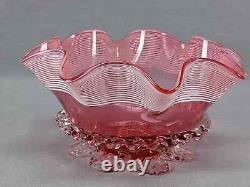 English Stourbridge White Threaded Cranberry Victorian Art Glass Ruffled Bowl