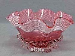 English Stourbridge White Threaded Cranberry Victorian Art Glass Ruffled Bowl English Stourbridge White Threaded Cranberry Victorian Art Glass Ruffled Bowl