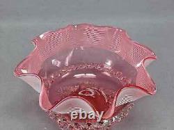 English Stourbridge White Threaded Cranberry Victorian Art Glass Ruffled Bowl