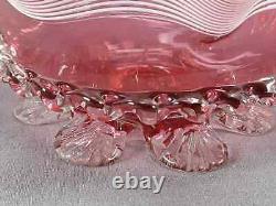 English Stourbridge White Threaded Cranberry Victorian Art Glass Ruffled Bowl