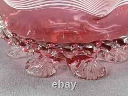 English Stourbridge White Threaded Cranberry Victorian Art Glass Ruffled Bowl English Stourbridge White Threaded Cranberry Victorian Art Glass Ruffled Bowl