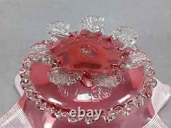 English Stourbridge White Threaded Cranberry Victorian Art Glass Ruffled Bowl