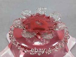 English Stourbridge White Threaded Cranberry Victorian Art Glass Ruffled Bowl English Stourbridge White Threaded Cranberry Victorian Art Glass Ruffled Bowl
