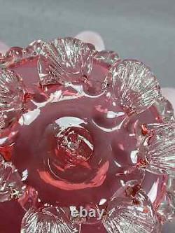 English Stourbridge White Threaded Cranberry Victorian Art Glass Ruffled Bowl