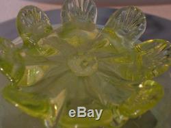 English Stuart & Sons Art Glass Vaseline Opalescent Footed Rose Bowl