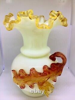 English Victorian Art-Glass Steven & William Vase. White, Amber applied Floral