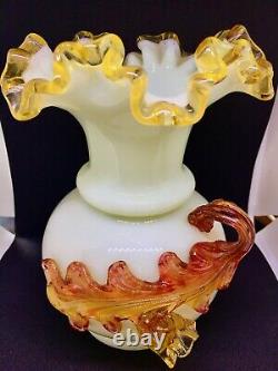 English Victorian Art-Glass Steven & William Vase. White, Amber applied Floral